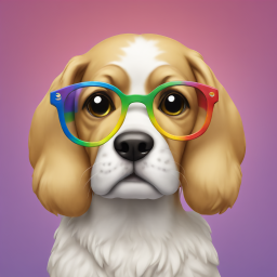 dog with glasses thinking, rainbow background